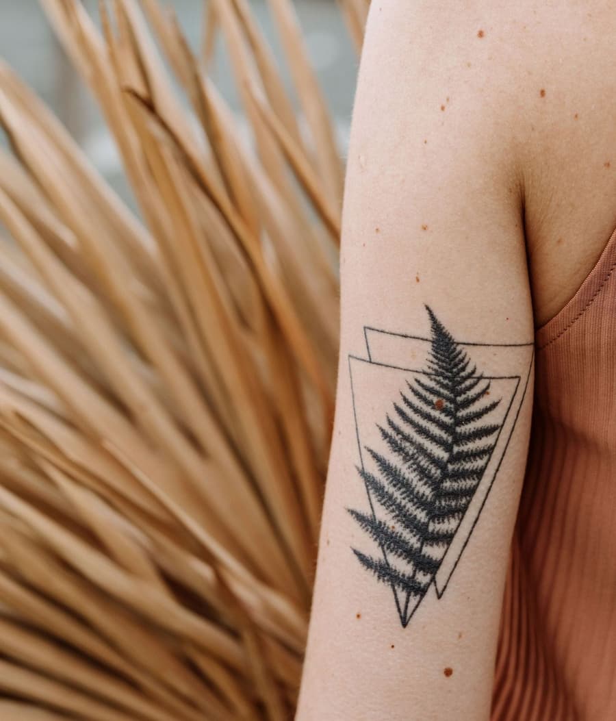 Healed black fern inside a fine triangle on the back of an arm