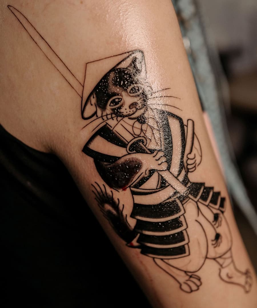 Healed bold black samurai cat with a sword on an upper arm