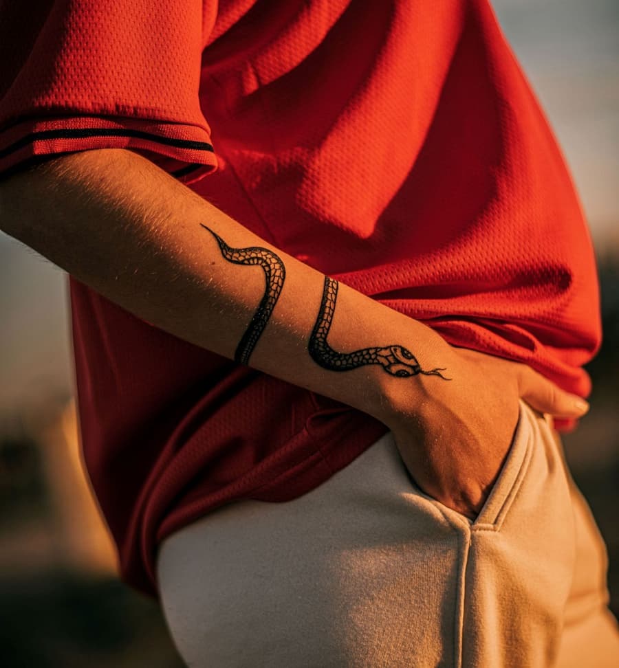 Healed black snake winding up a forearm
