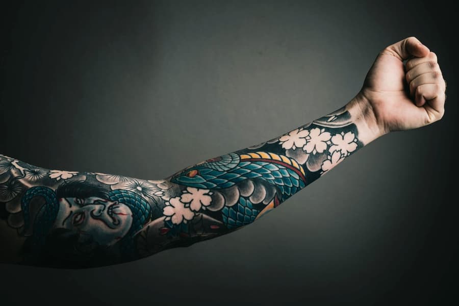 Healed colour forearm sleeve of a teal serpent and cherry blossom