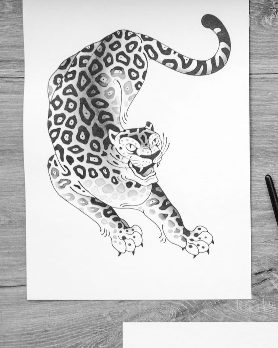 Flash drawing of a crouching leopard with its tail curled up