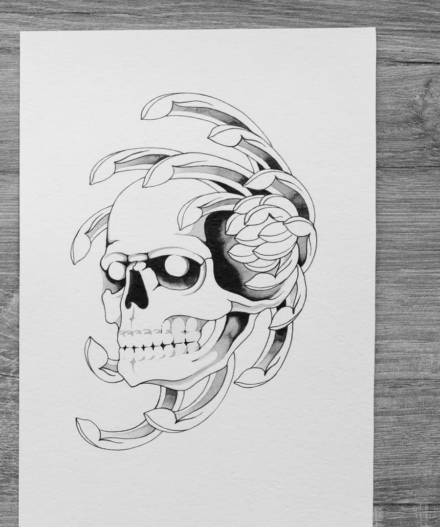 Flash drawing of a skull crowned with a chrysanthemum and curling petals