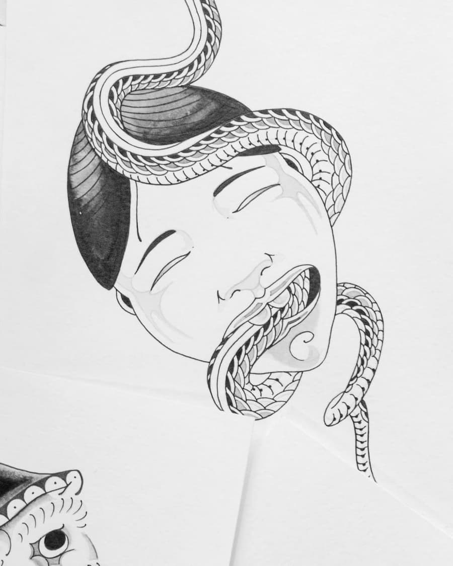 Flash drawing of a sleeping face with a snake coiled through the mouth