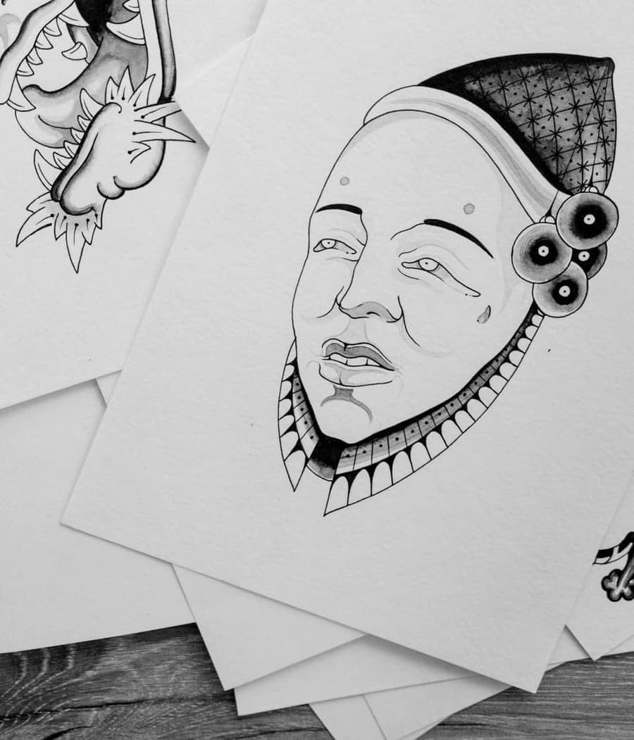 Flash drawing of a serene masked face in a dotted hood