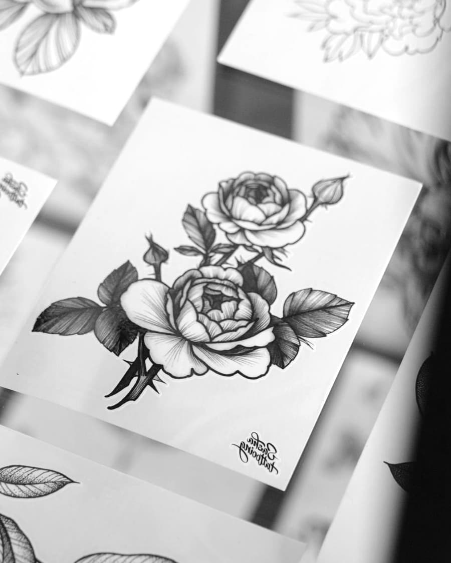 Flash drawing of two roses on one stem with leaves