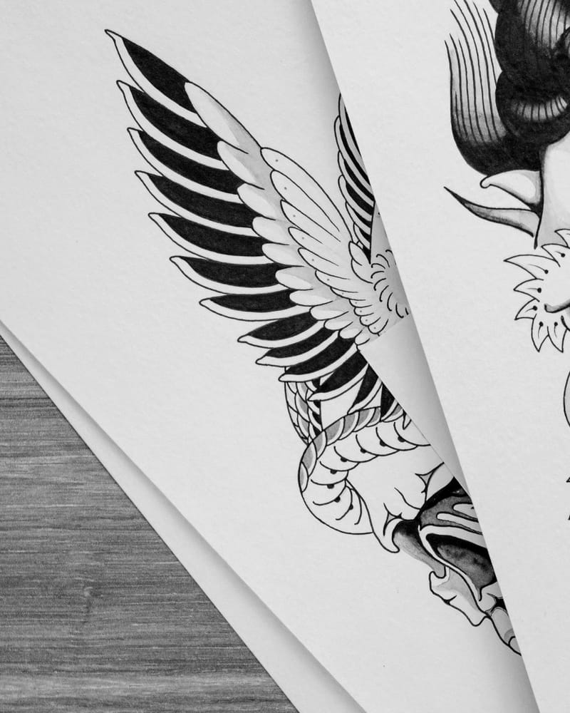 Retired flash drawing of a hawk with its wings raised